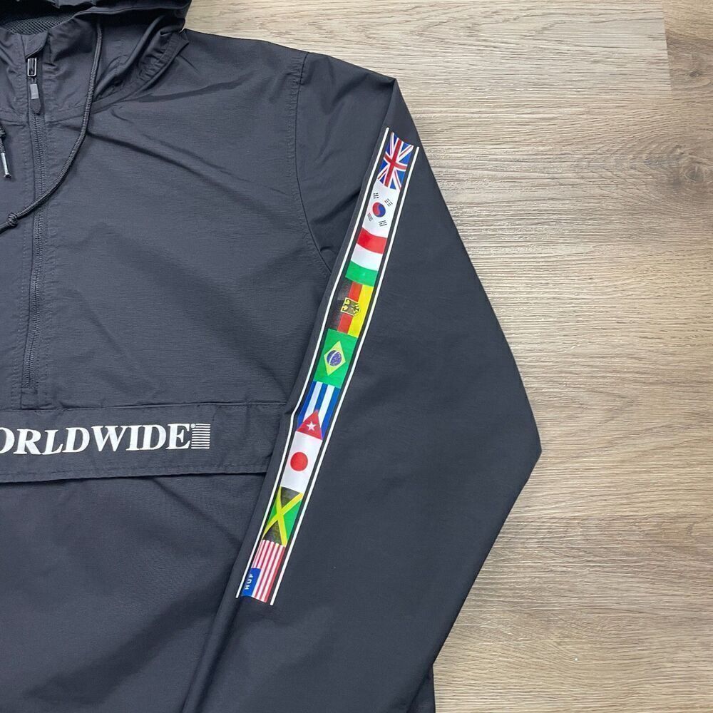 Huf Jacket Mens Large Black Anorak Skateboarding Worldwide Flags Hooded View 3